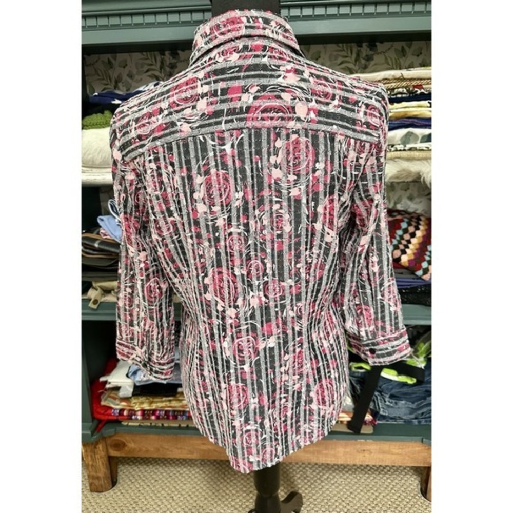Christopher & Banks Womens Medium Rose Design Black Striped Button Up Sz Small - Picture 9 of 11